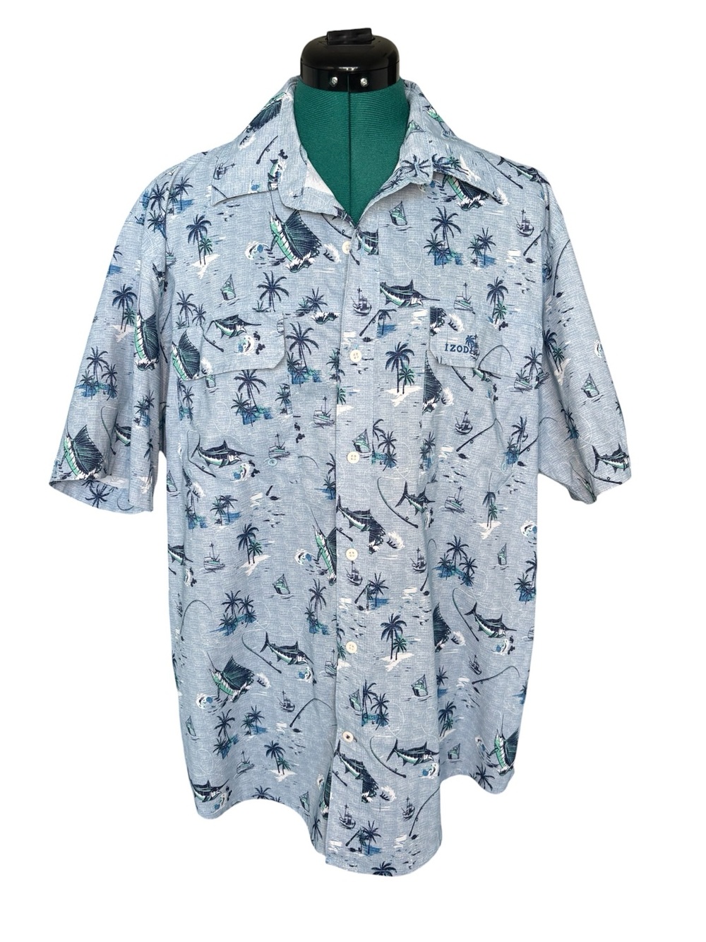 IZOD Saltwater Swordfish Marlin Button up Short Sleeve Collared Shirt
